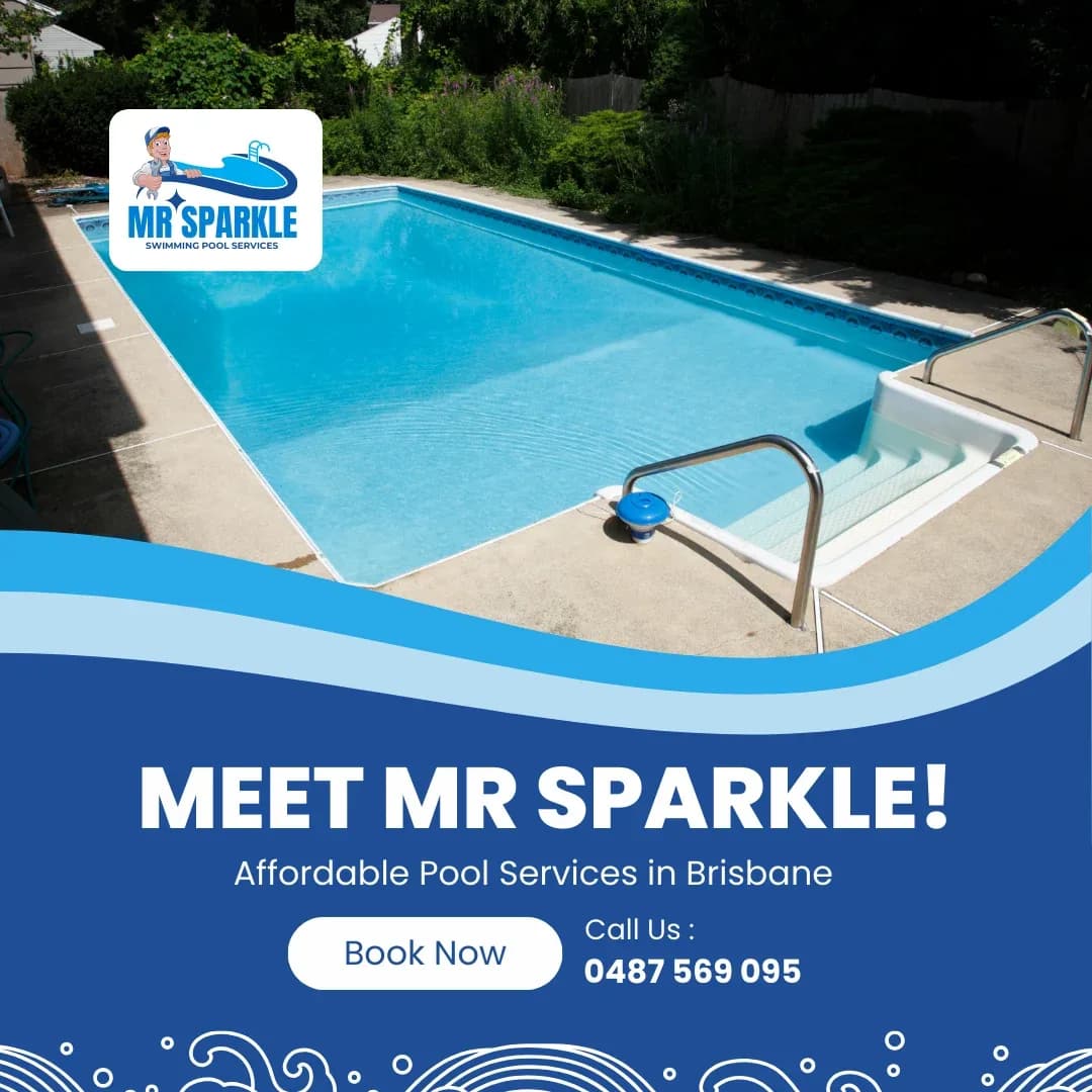 Mr Sparkle pool service promotional graphic with clean swimming pool